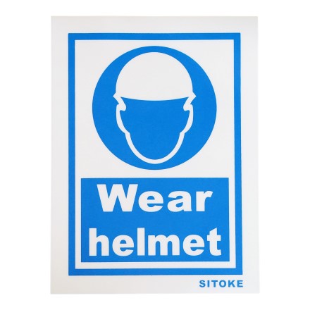 IMPA 335709 SIGN MANDATORY SELF ADHESIVE WEAR HELMET WHITE VINYL 200 X 150 MM