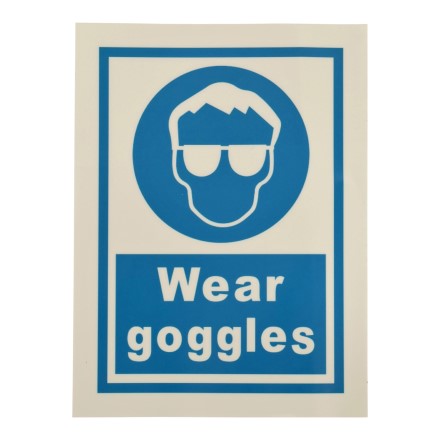 IMPA 335715 SIGN MANDATORY SELF ADHESIVE WEAR GOGGLES WHITE VINYL 200 X 150 MM